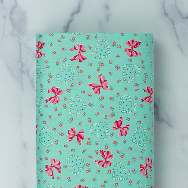 Yuwa Atsuko Matsuyama 30's Collection - Ribbon Flower Heart - Mint - Sold by the FQ and 1/2 yard | COUNTRY & CLOTH