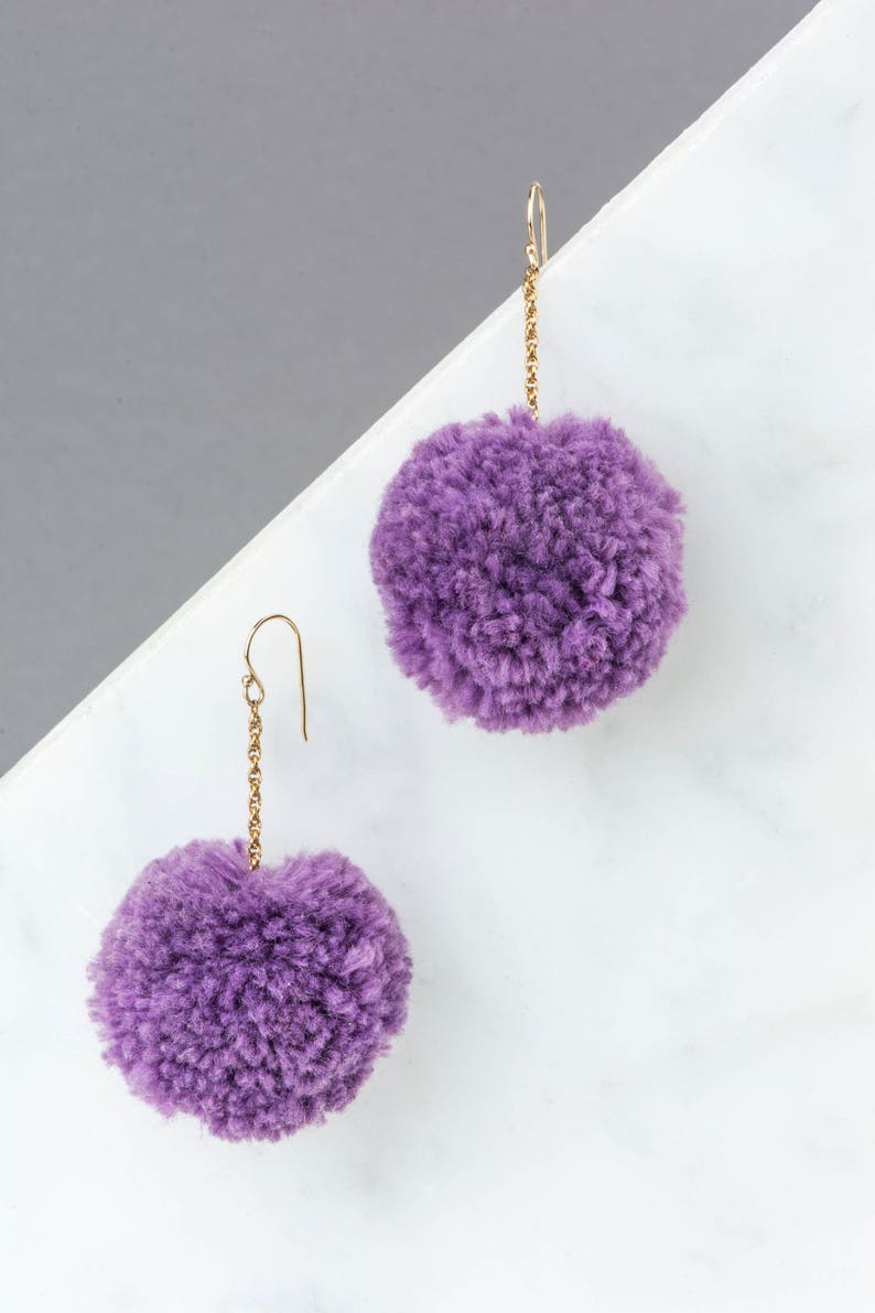 Pom Pom Earring Purple Colored Puff Ball Hook Earring Etsy