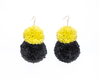 Double Stack Pom Poms, Earth Tone Pom Pom Earrings, Fluffy Earrings, Lime and Black