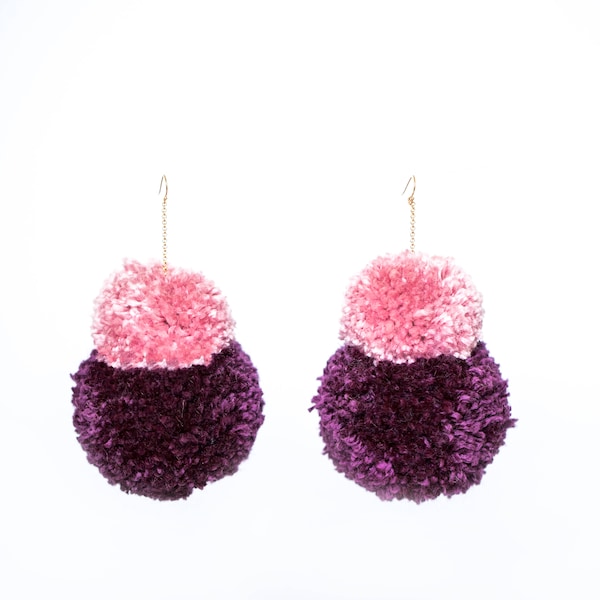 Double Stack Pom Poms, Earth Tone Pom Pom Earrings, Fluffy Earrings, Plum and Pink