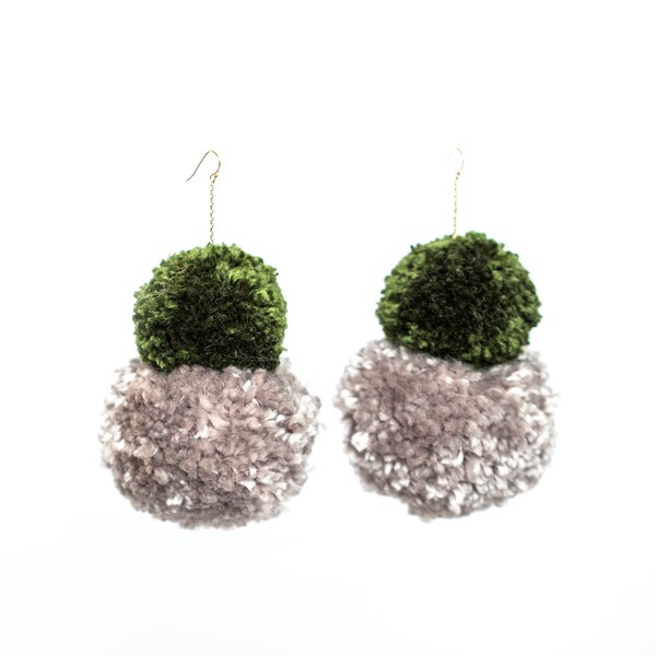 Double Stack Pom Poms, Earth Tone Pom Pom Earrings, Fluffy Earrings