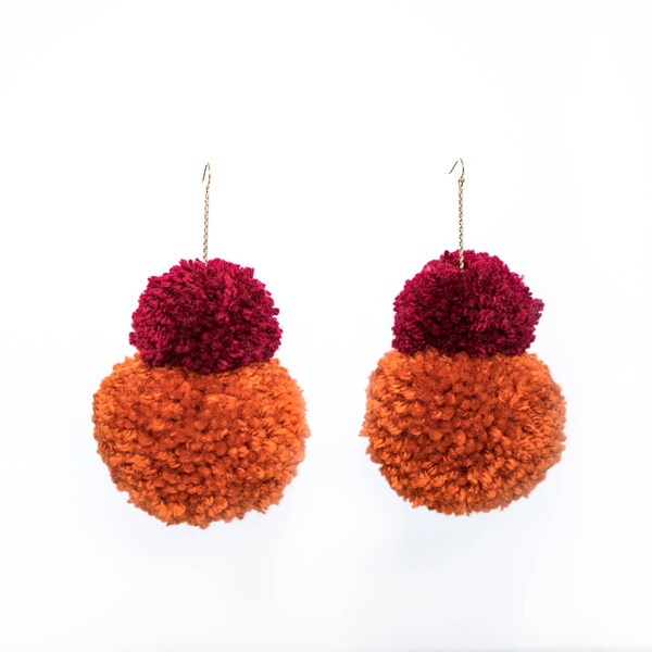 Double Stack Pom Poms, Earth Tone Pom Pom Earrings, Autumn Pom Poms, Fluffy Earrings, Red and Orange