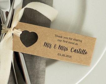 Thank you for sharing our first meal – Personalized TAGS for table decor at weddings (Set of 50/100/200)