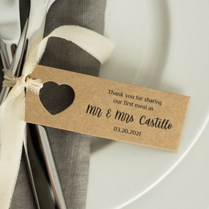 Thank you for sharing our first meal Personalized TAGS for table decor at weddings Set of 50/100/200 image 1
