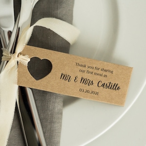 Thank you for sharing our first meal Personalized TAGS for table decor at weddings Set of 50/100/200 image 1