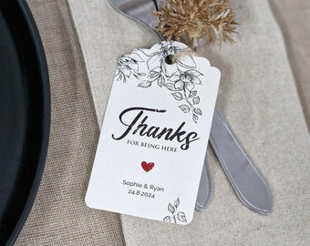 Thanks for being here! – Personalized TAGS for wedding reception (Kraft or White paper)