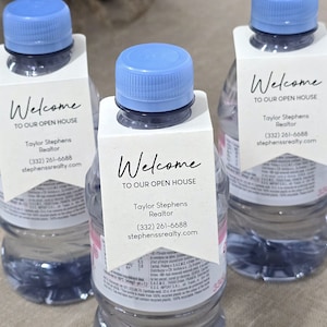 Small water bottle hang tags for realtors "Welcome to our open house" personalized with contact info (Set of 50/100/200)