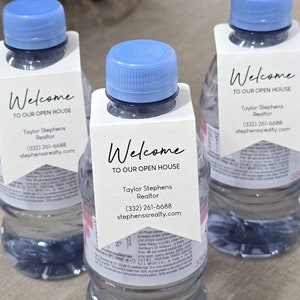 Small water bottle hang tags for realtors "Welcome to our open house" personalized with contact info (Set of 50/100/200)