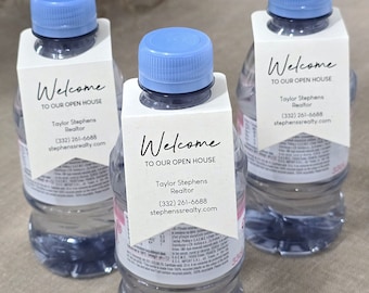 Small water bottle hang tags for realtors "Welcome to our open house" personalized with contact info (Set of 50/100/200)