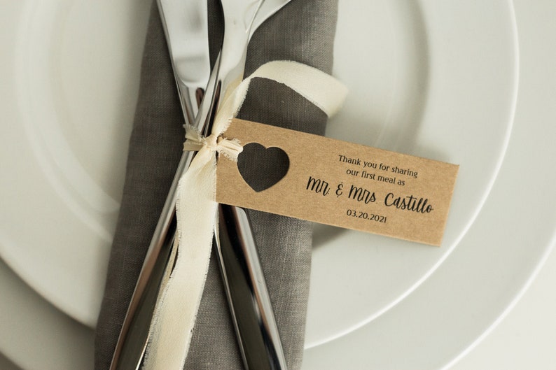 Thank you for sharing our first meal Personalized TAGS for table decor at weddings Set of 50/100/200 image 1