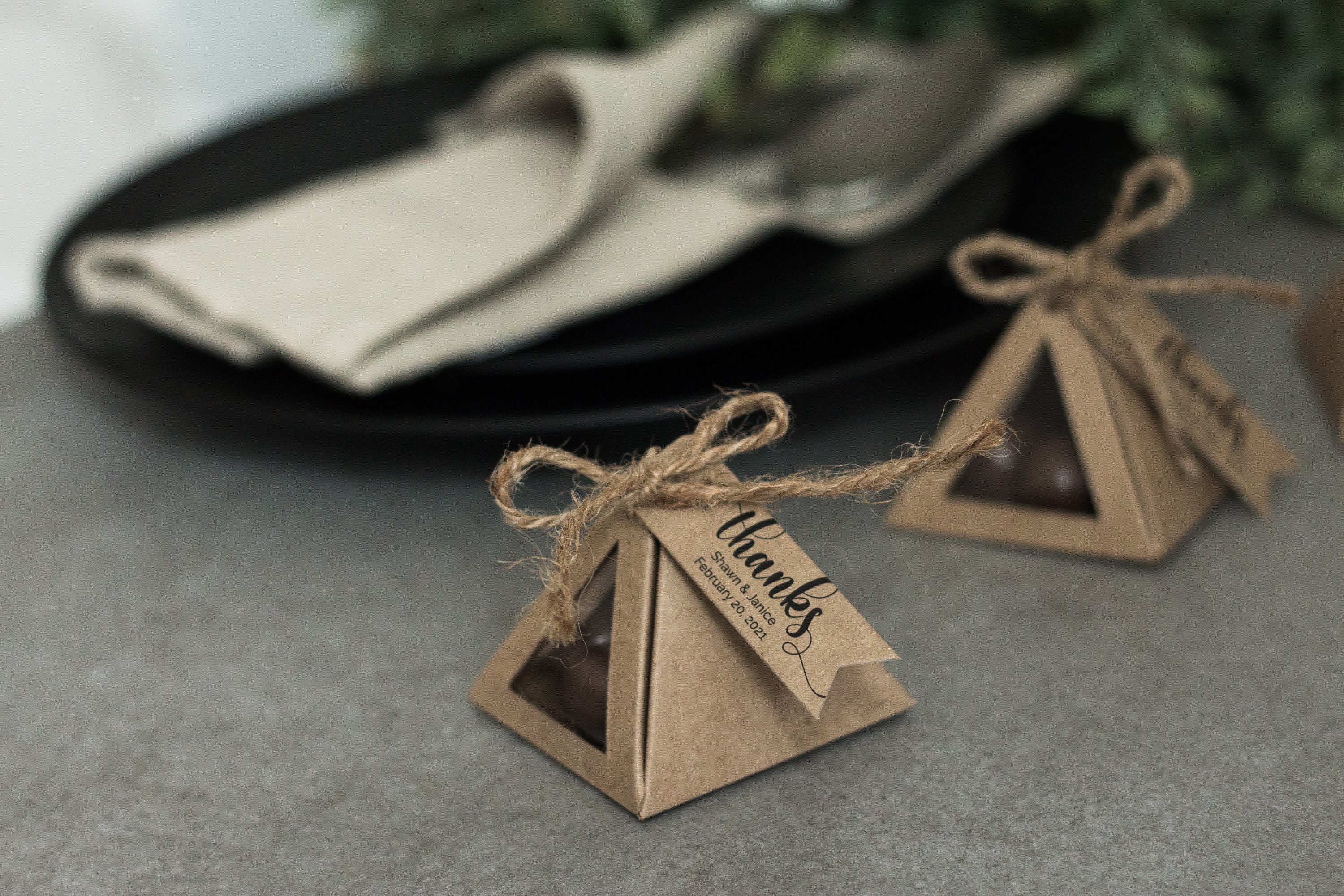 Personalized kraft PYRAMID boxes for wedding favors (Thank you tag included!)