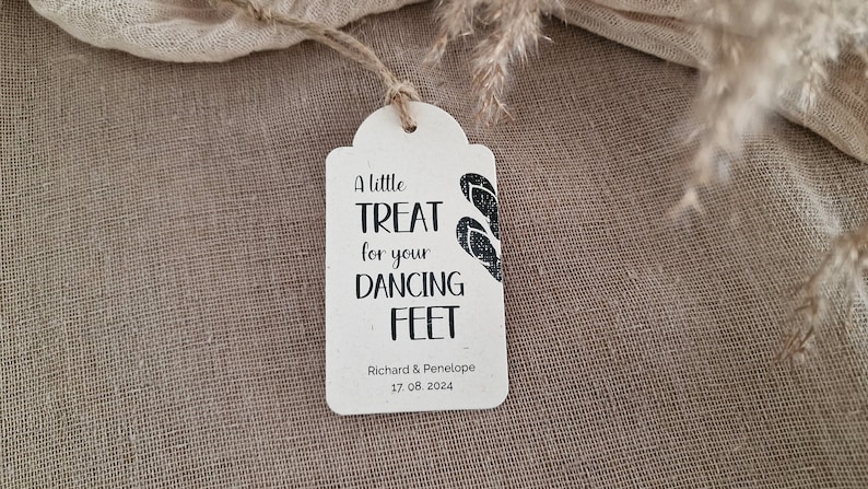 "A little treat for your dancing feet" personalized tags for flip flops.