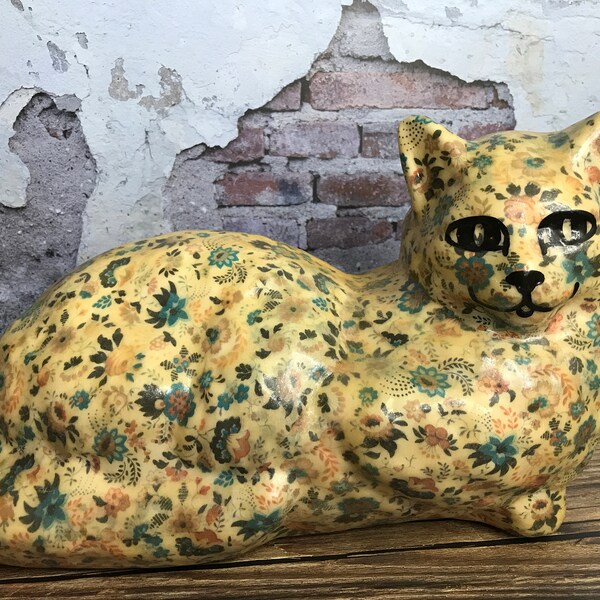 Rare 1970’s Vintage White's Whatchamacallits Handcrafted Cat Sculpture | Cat Lady - Figurine | Flower Print Papier-mâché Paper Mache