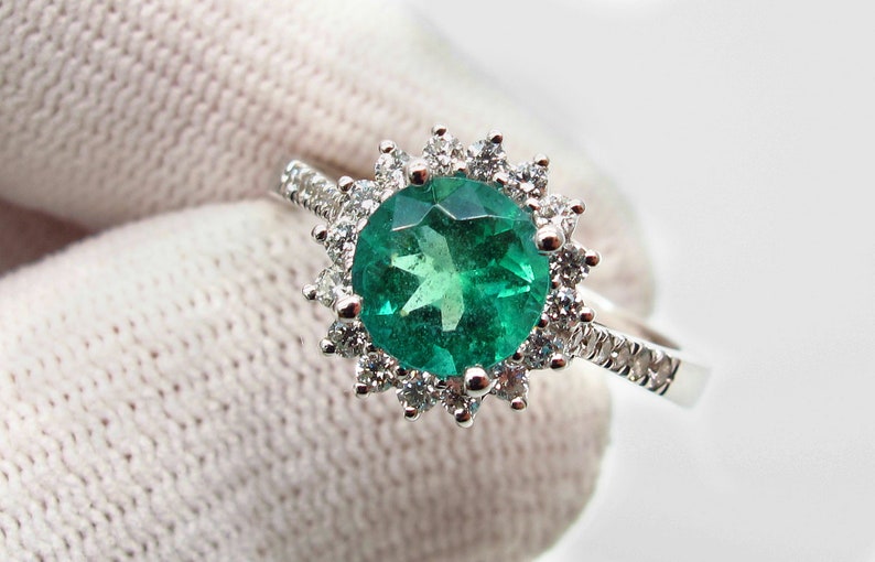 Zambia Emerald Vintage Engagement Ring, Natural Unheated Round Cut