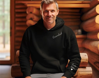 Grandad Hoodie Customised with Names - Personalised Printed Father's Day Top, Kids' Names on Sleeve, Fathers Day Gift, Birthday Present