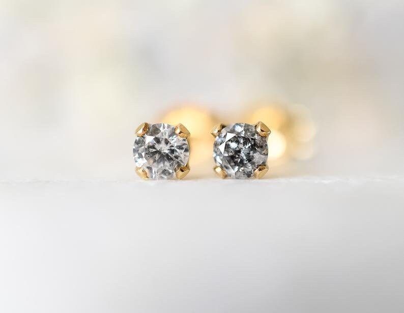 Salt and Pepper Diamond Earrings Round Cut Diamond With Rose Etsy