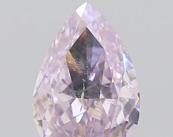 May include: A pear-shaped, faceted diamond with a soft pink hue. The gemstone has a pointed top and a rounded base, showcasing multiple reflective surfaces. The diamond's facets catch the light, creating a sparkling effect. The overall appearance is elegant and refined.