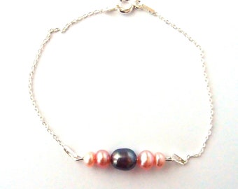Thin silver bracelet, pink and grey freshwater pearls