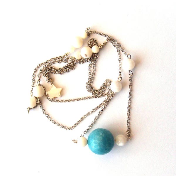 Collier long sautoir perles et étoile nacre blanche, argent massif, grosse perle facettée piere fine amazonite bleu clair turquoise