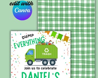 Garbage Truck Editable Birthday Invitation Template