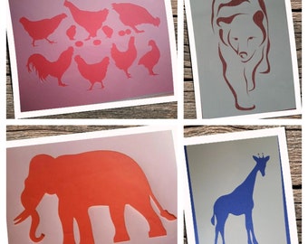Textilgestaltung Hühner Transfers Vintage Schablonen Stencil Giraffe template Eisbär Vorlage Schablonenrohlinge Aufkleber Elefant Vögel Tier