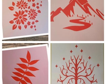 Schablonen Berg Landschaft Textilgestaltung Transfers Vintage Natur Stencil Collage template Tattoo Vorlage Schablonenrohlinge Baum Blumen