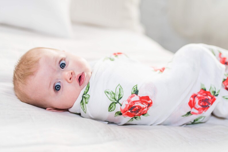 Swaddling Wrap Muslin Swaddle Blanket for Newborn Baby Girl Red Rose Large - BambooCotton 47x47 Pattern Receiving,Burp Cloth,Stroller