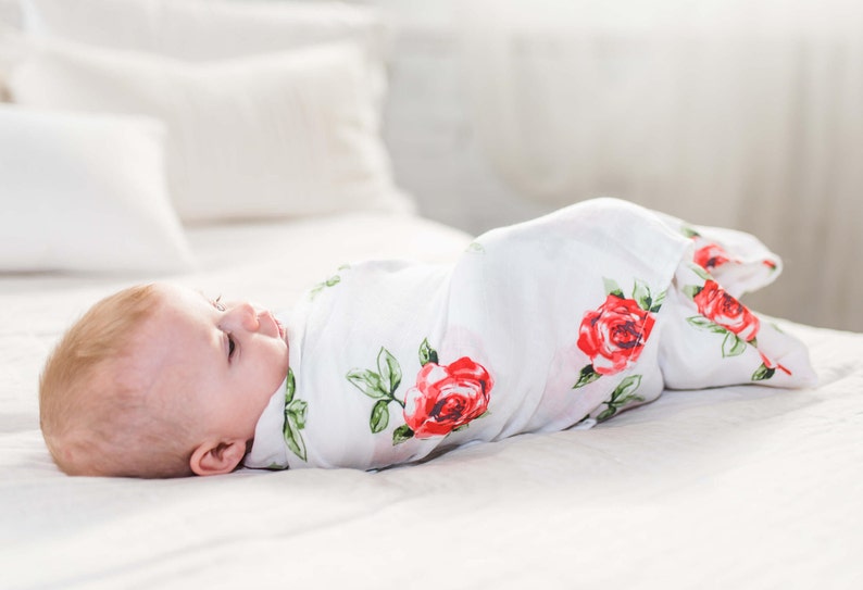 Swaddling Wrap Muslin Swaddle Blanket for Newborn Baby Girl Red Rose Large - BambooCotton 47x47 Pattern Receiving,Burp Cloth,Stroller