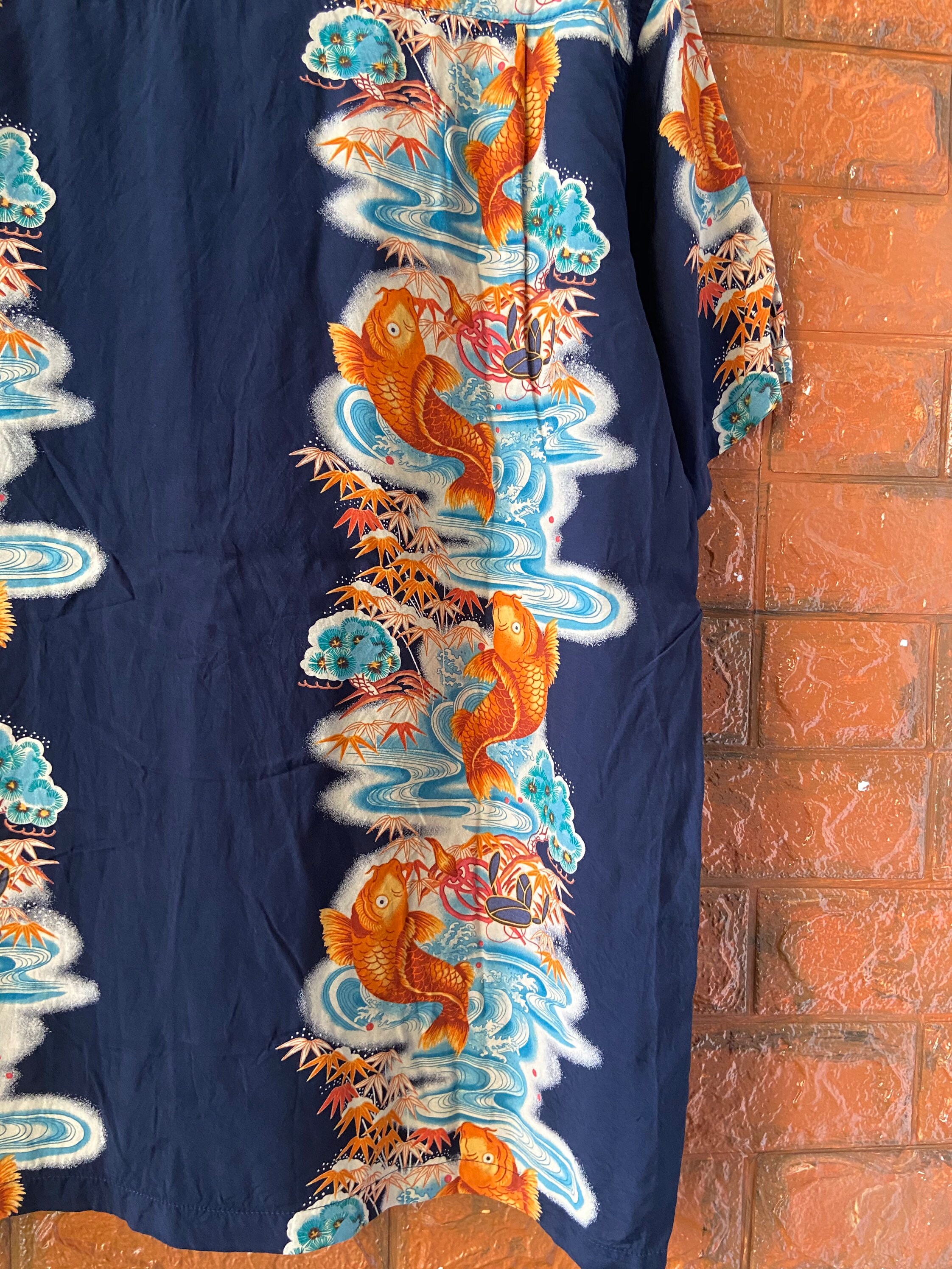 Vintage Japanese Button Down Rayon T Shirt Gold Fish Art Motif - Etsy