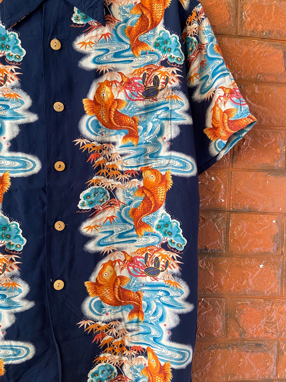 Vintage Japanese Button Down Rayon T Shirt Gold Fish Art Motif - Etsy