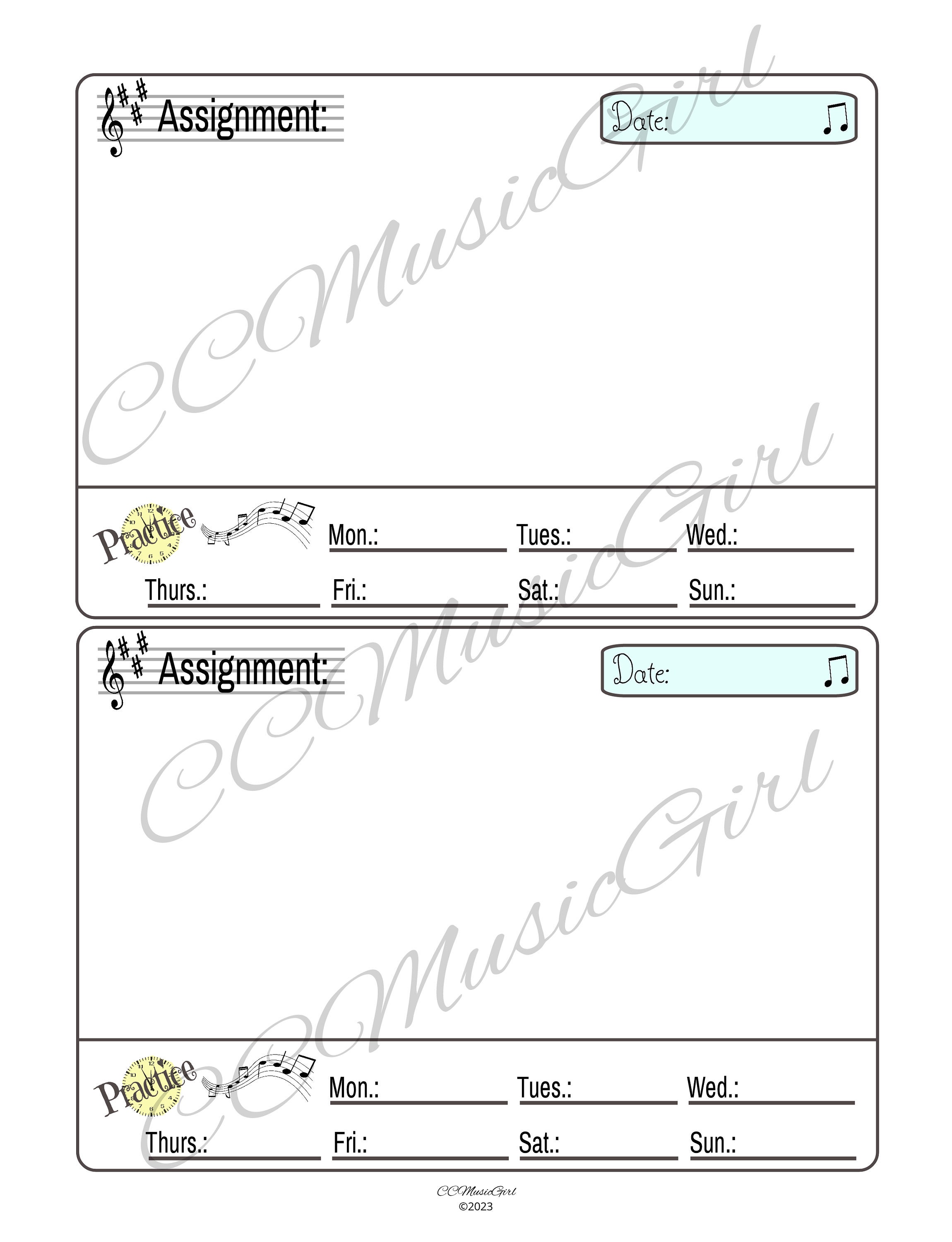 Printable Music Lesson Assignment Sheet, Music Assignment Sheet, Music