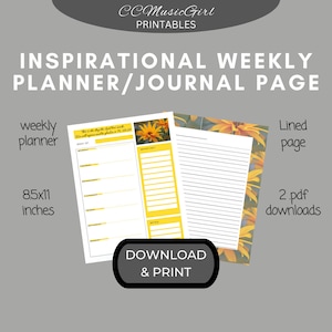 Op de afbeelding: Afdrukbare wekelijkse planner en gelinieerde journalpagina met een geel bloemenontwerp. De plannerpagina bevat een citaat: "Dit is de dag die de Heer heeft gemaakt. We zullen ons verheugen en blij zijn daarin." De planner is 8,5 x 11 inch. Downloaden en afdrukken.