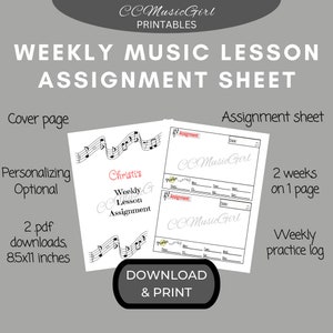 Printable Music Lesson Assignment Sheet, Music Assignment Sheet, Music Assignment Page, Practice Log, Music Lesson Log, Music Lesson Tracker