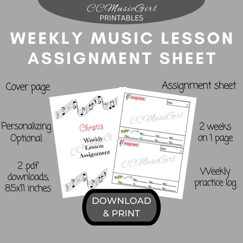 Printable Music Lesson Assignment Sheet, Lesson Planner Printable