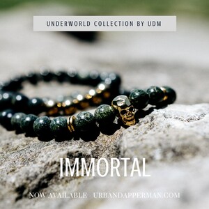 Lace Jasper Beaded Bracelet with Gold Skull | Handmade Mens Jewelry