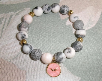14k Gold Filled mit Pink Zebra Jasper Perlen Armband - Gold Edelstahl, geflügelter Anhänger