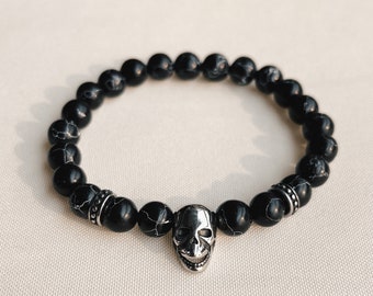 Totenkopf Perlenarmband, Schwarzer Kaiser Türkis & Edelstahl