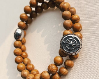 Maritimer Kompass Armband, Holzmaserung Stein & Edelstahl, 2-in-1 Design
