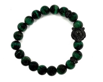 Tiger Perlenarmband: Grünes Tigerauge, schwarzer Anhänger, Edelstahl-Spacer