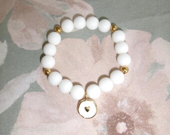 14k Gold Filled Weißer Onyx Perlen Armband - Herz Anhänger