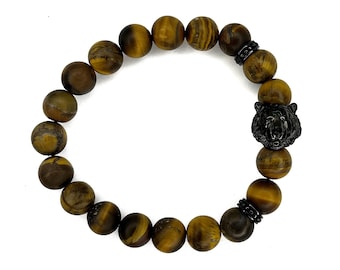 Tigerauge Perlen Armband mit Schwarz Edelstahl Tiger Anhänger