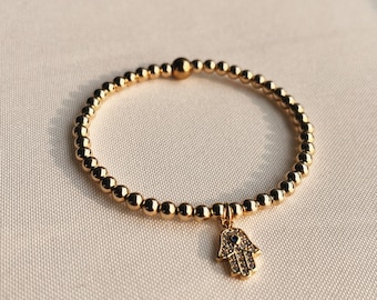14k Gold Filled Hamsa Hand Armband • Evil Eye Charm, Perlen