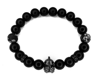 Gladiator Helm Armband: Matte Onyx, Schneeflockenobsidian, Edelstahl