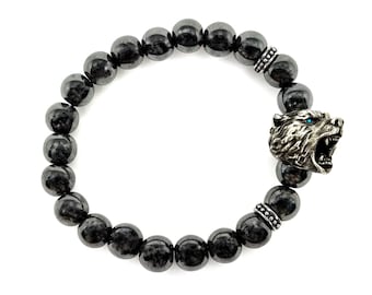 Gunmetal Hämatit Bär Armband, Weiß Messing Charme, Edelstahl Akzente