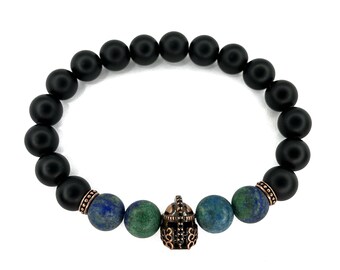 Chrysokoll & Onyx Perlen Armband, Bronze Gladiator Helm Anhänger