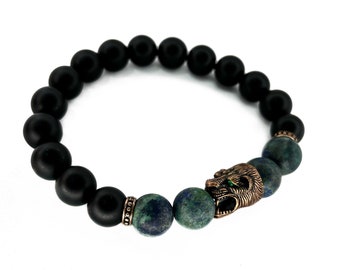Matt Onyx & Chrysokoll Perlen Armband, Antike Kupfer Leopard Anhänger