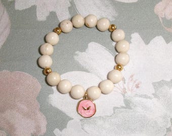 14k Gold Filled mit Beige Fossil Stein Armband - Gold Edelstahl, Rosa geflügelte Anhänger