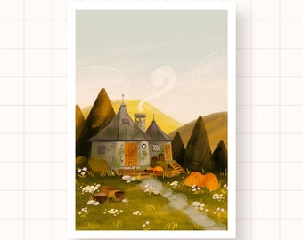 Cozy Cabin Art Print - rustic illustration, pumpkin decor, autumn art, cottage artwork, fall landscape, whimsical nature painting