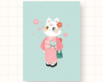 Hanami Cat Kimono Print