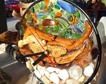 Table clock with beach glass, driftwood and shells